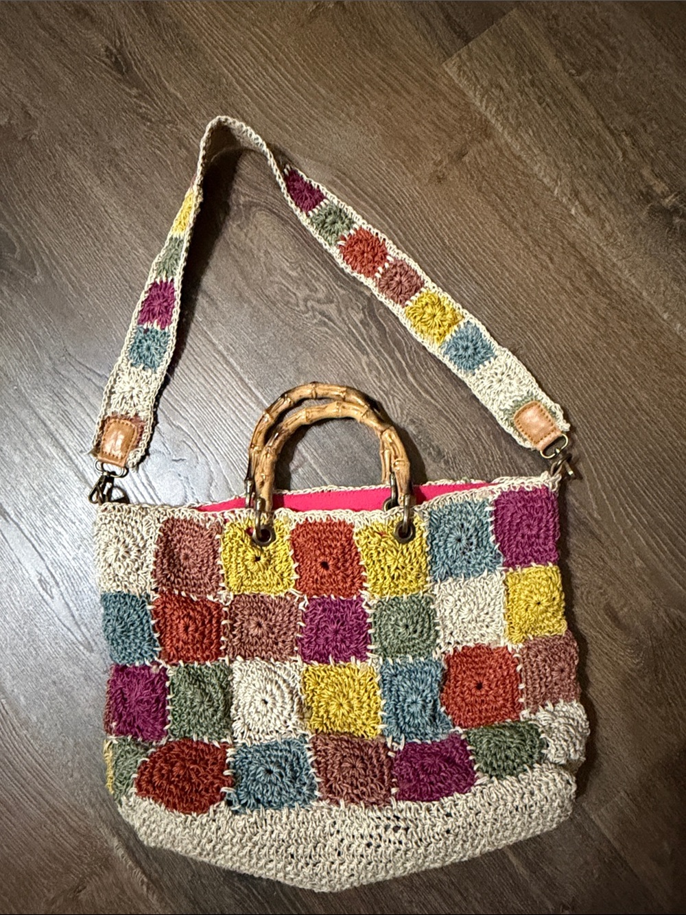 Sundance Multicolor Crochet Square Tote with Bamboo Handles NWOT
